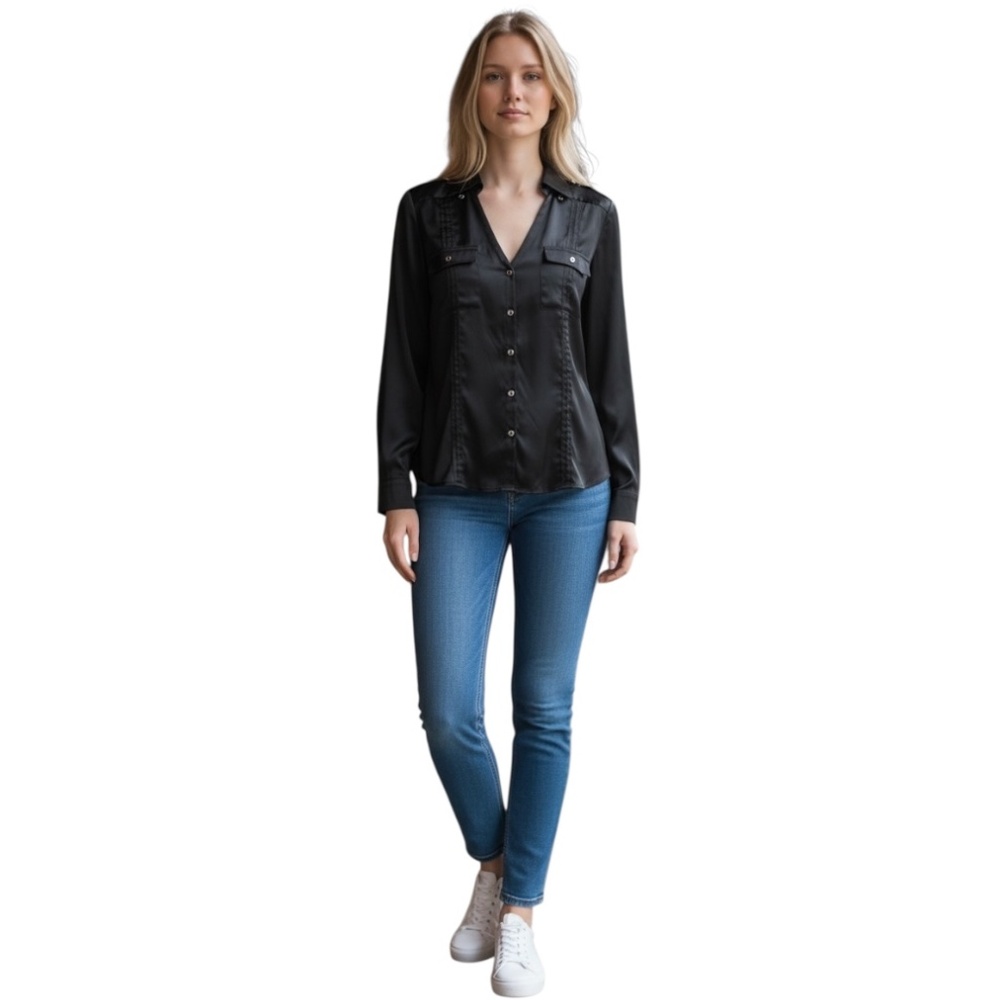 White House Black Market Silk Black Long Sleeve Blouse